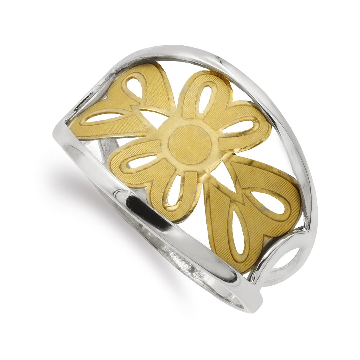 18K SORTIJA ORO BICOLOR FLORES CALADAS. ANCHO: 14 MM