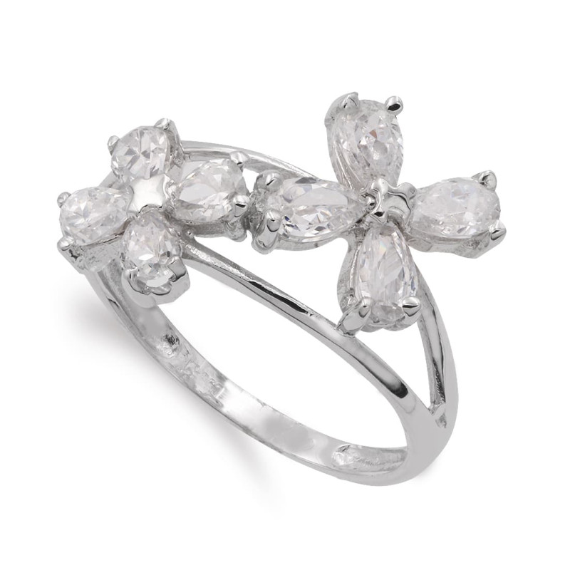 18K SORTIJA ORO BLANCO CON FLORES DE CIRCONITA ANCHO 13 MM