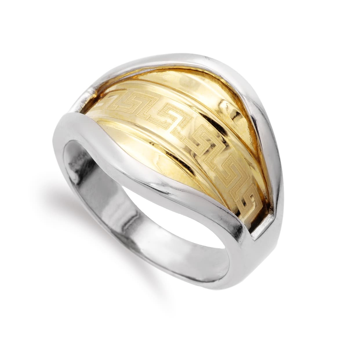 18K SORTIJA ORO BICOLOR BRILLO CON GRECA. ANCHO: 14,5 MM