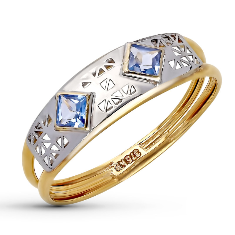 9K SORTIJA ORO BICOLOR DOS CUERPOS CON CALADO Y CIRCONITA AGUA MARINA. ANCHO: 5.5 MM