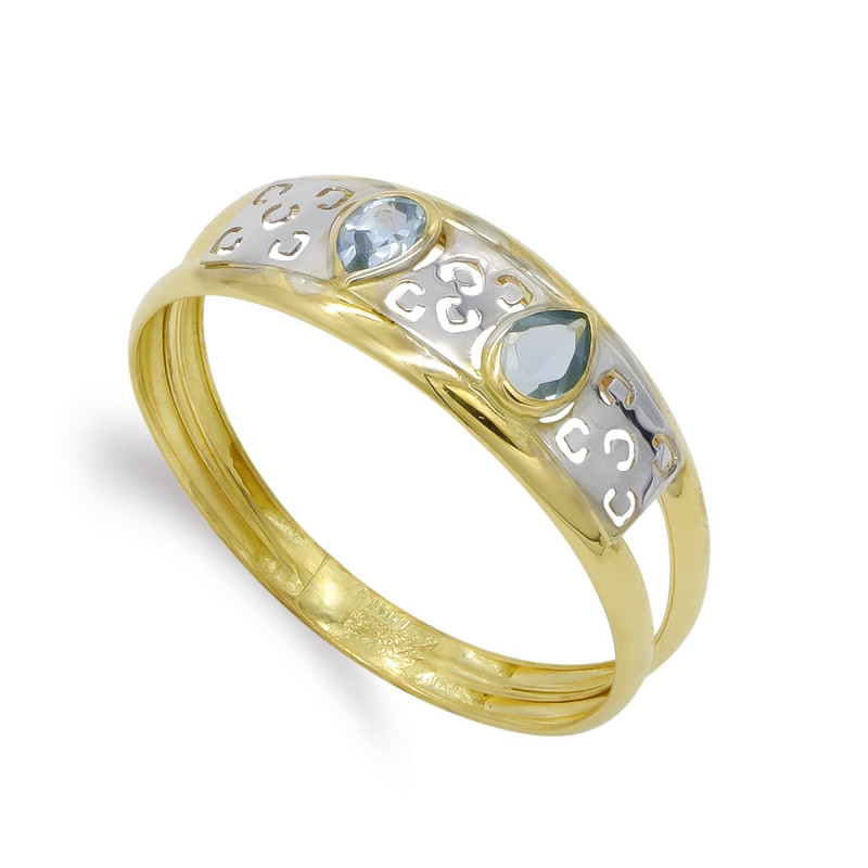 18K SORTIJA ORO BICOLOR DOBLE CUERPO MOTIVO CALADO Y CIRCONITA AGUAMARINA. ANCHO: 7 MM