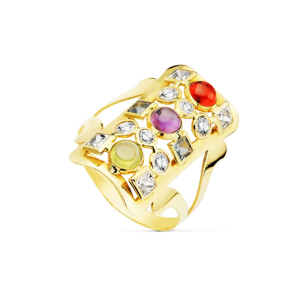 18K SORTIJA ORO AMARILLO LANZADERA CIRCONITA COLORES. ANCHO 23X12 MM