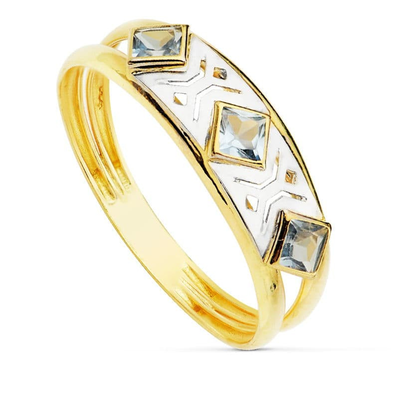 18K SORTIJA ORO BICOLOR DOBLE CUERPO CON CIRCONITA Y MOTIVOS CALADOS. ANCHO: 6 MM