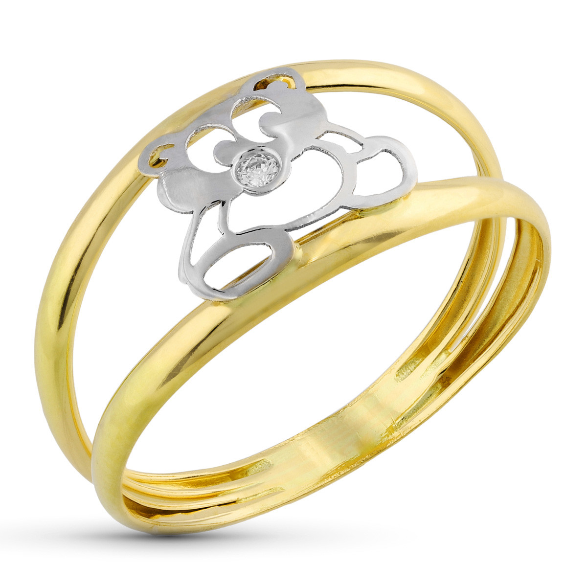 18K SORTIJA ORO BICOLOR DOBLE CUERPO CON GATO CALADO Y CIRCONITA. ANCHO: 9 MM