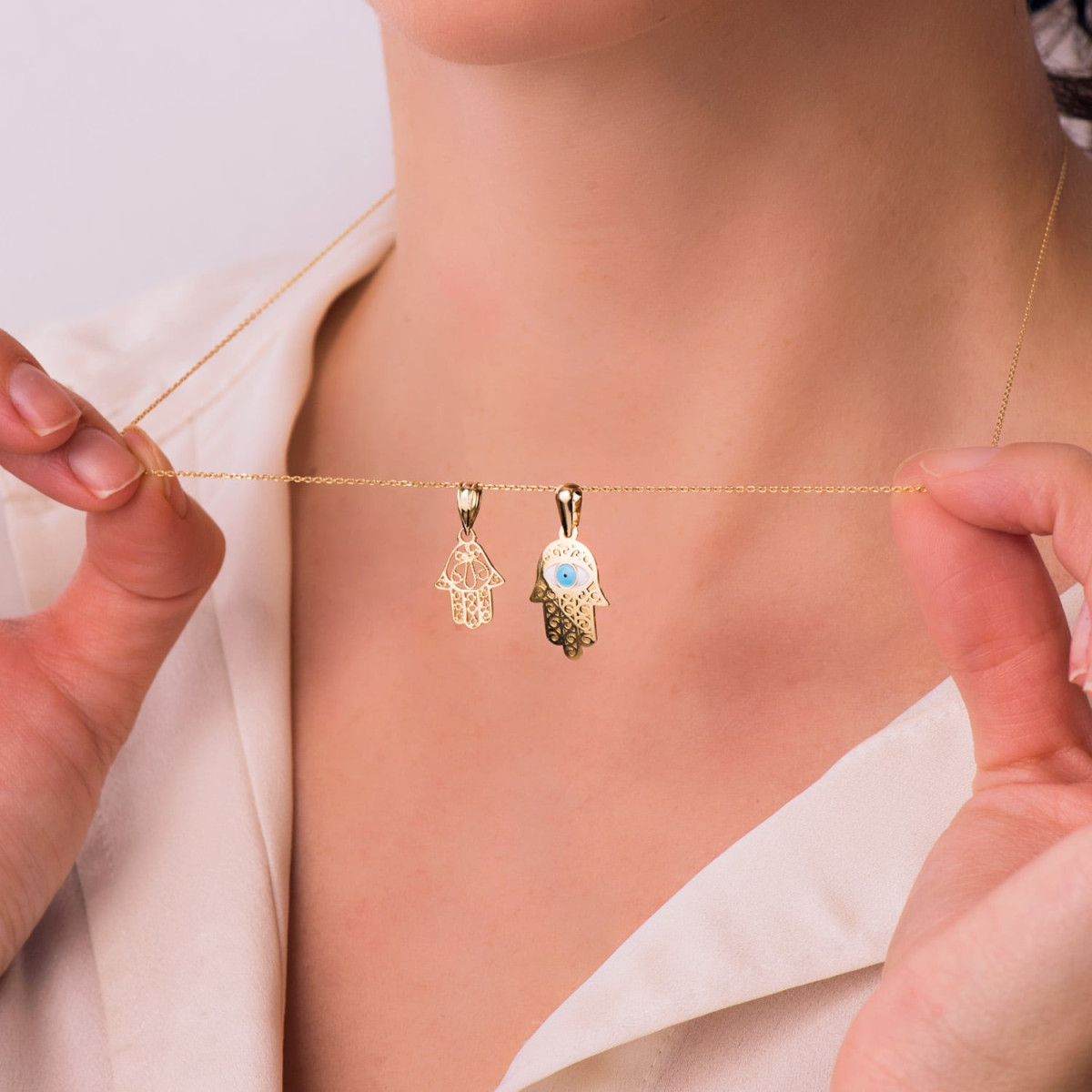 18K COLGANTE AMULETO ORO AMARILLO MANO DE FATIMA Y OJO TURCO 19X13 MM