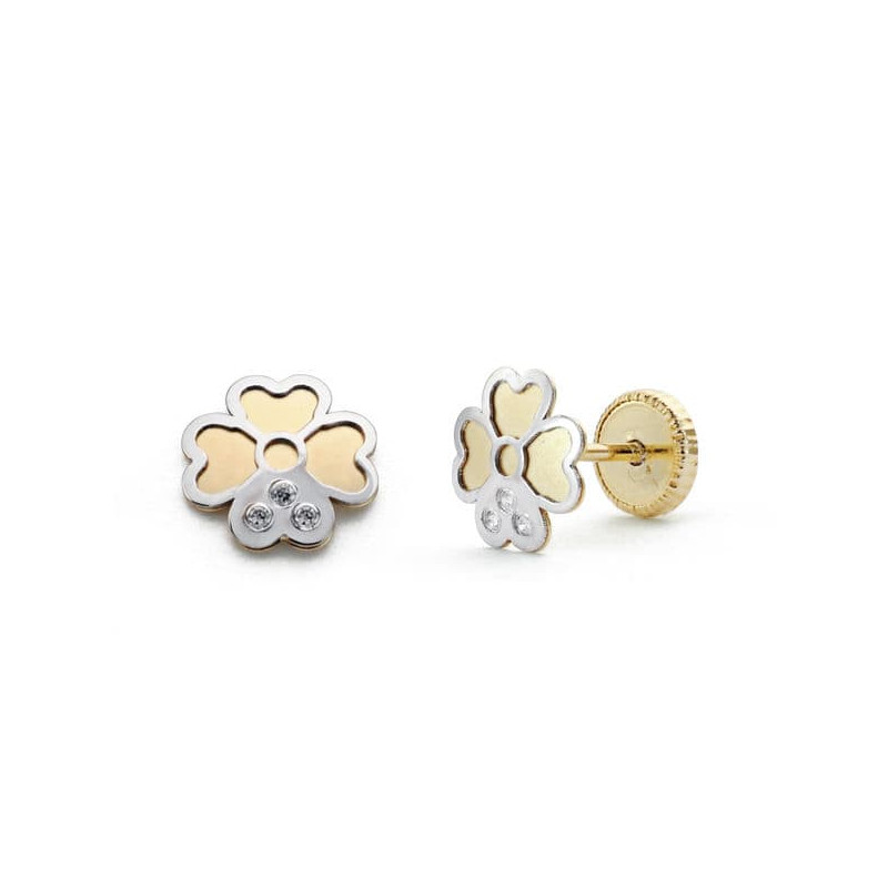18K PENDIENTES ORO BICOLOR TREBOL. 6 MM CIERRE TUERCA