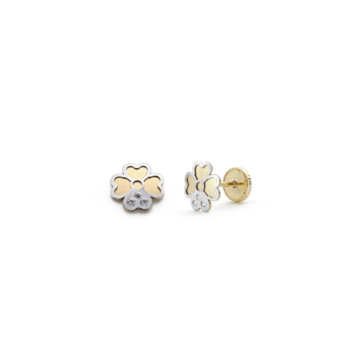 18K PENDIENTES ORO BICOLOR TREBOL. 6 MM CIERRE TUERCA