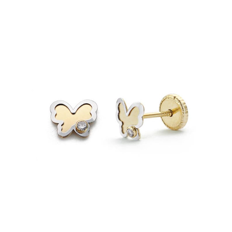 18K PENDIENTES ORO BICOLOR MARIPOSA CIRCONITA 5 MM CIERRE TUERCA