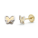 18K PENDIENTES ORO BICOLOR MARIPOSA CIRCONITA 5 MM CIERRE TUERCA