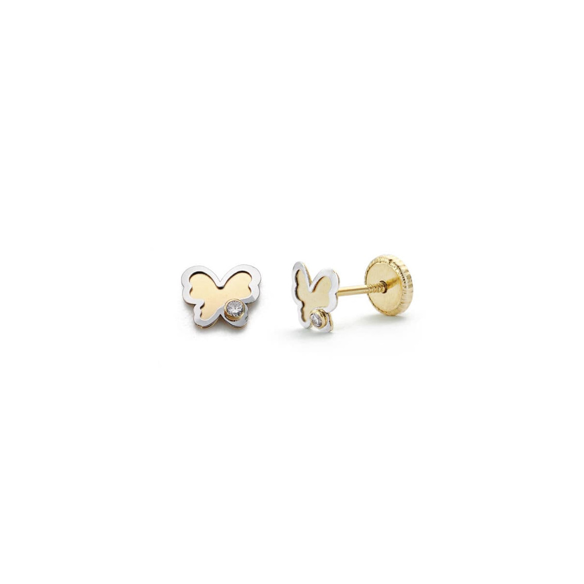 18K PENDIENTES ORO BICOLOR MARIPOSA CIRCONITA 5 MM CIERRE TUERCA