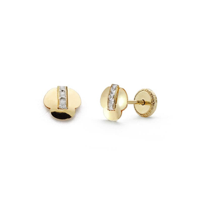 18K PENDIENTES ORO AMARILLO TREBOL CIRCONITAS. 6 MM CIERRE TUERCA