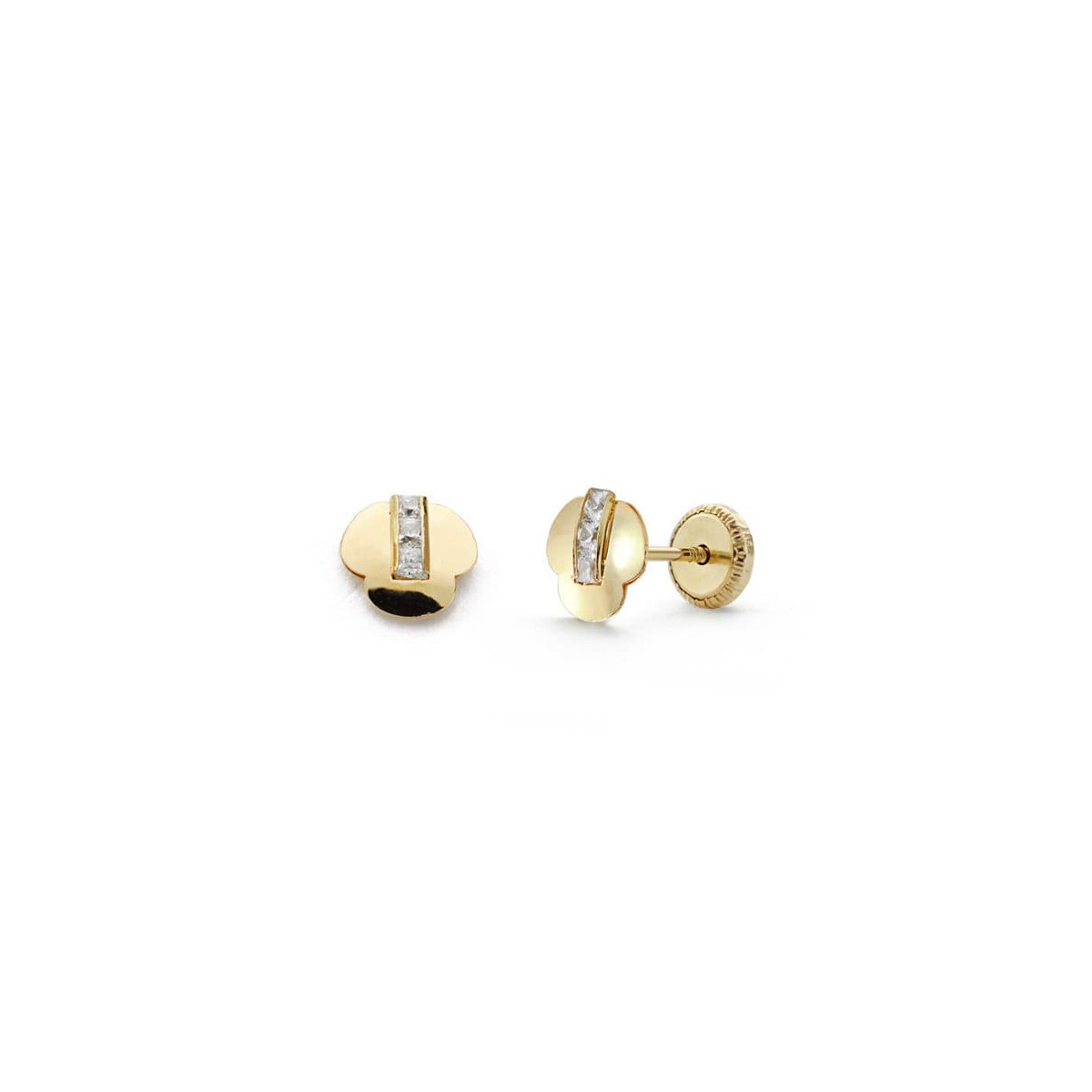 18K PENDIENTES ORO AMARILLO TREBOL CIRCONITAS. 6 MM CIERRE TUERCA