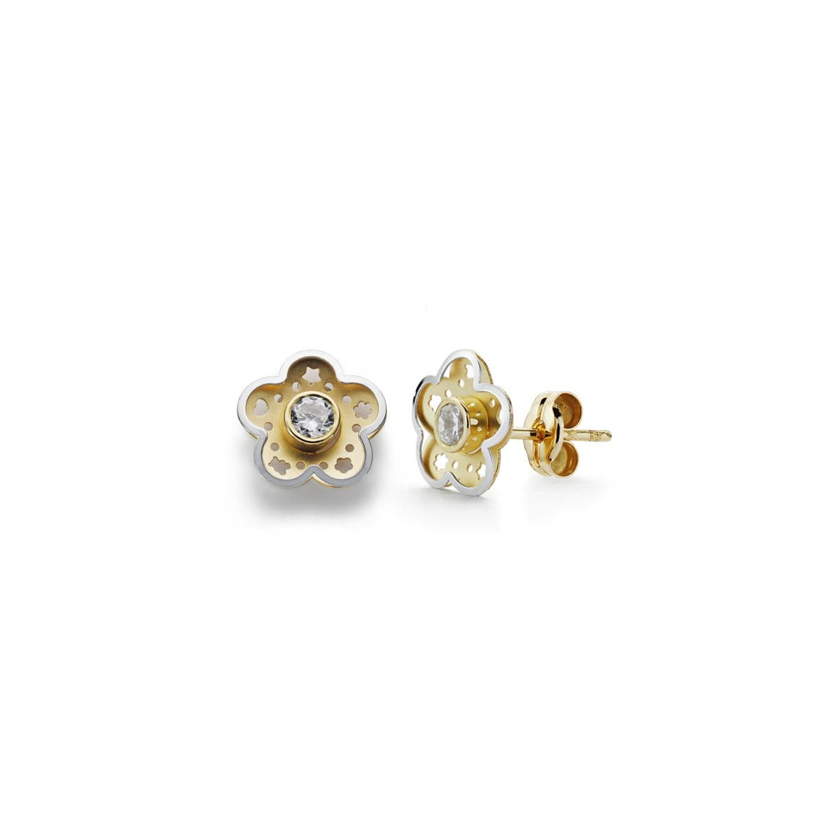 18K PENDIENTES ORO BICOLOR FLOR CIRCONITA 8 MM CIERRE PRESION