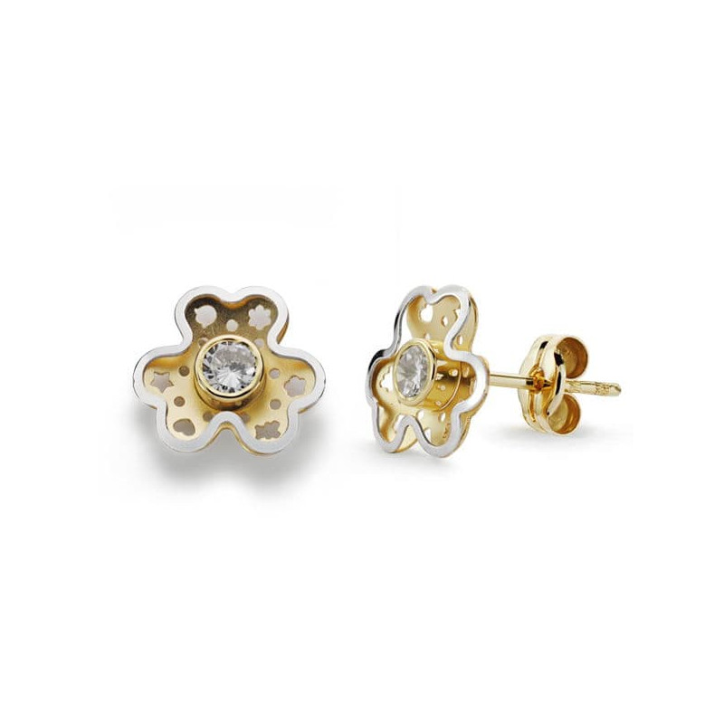 18K PENDIENTES ORO BICOLOR TREBOL CIRCONITA 9X8 MM CIERRE PRESION