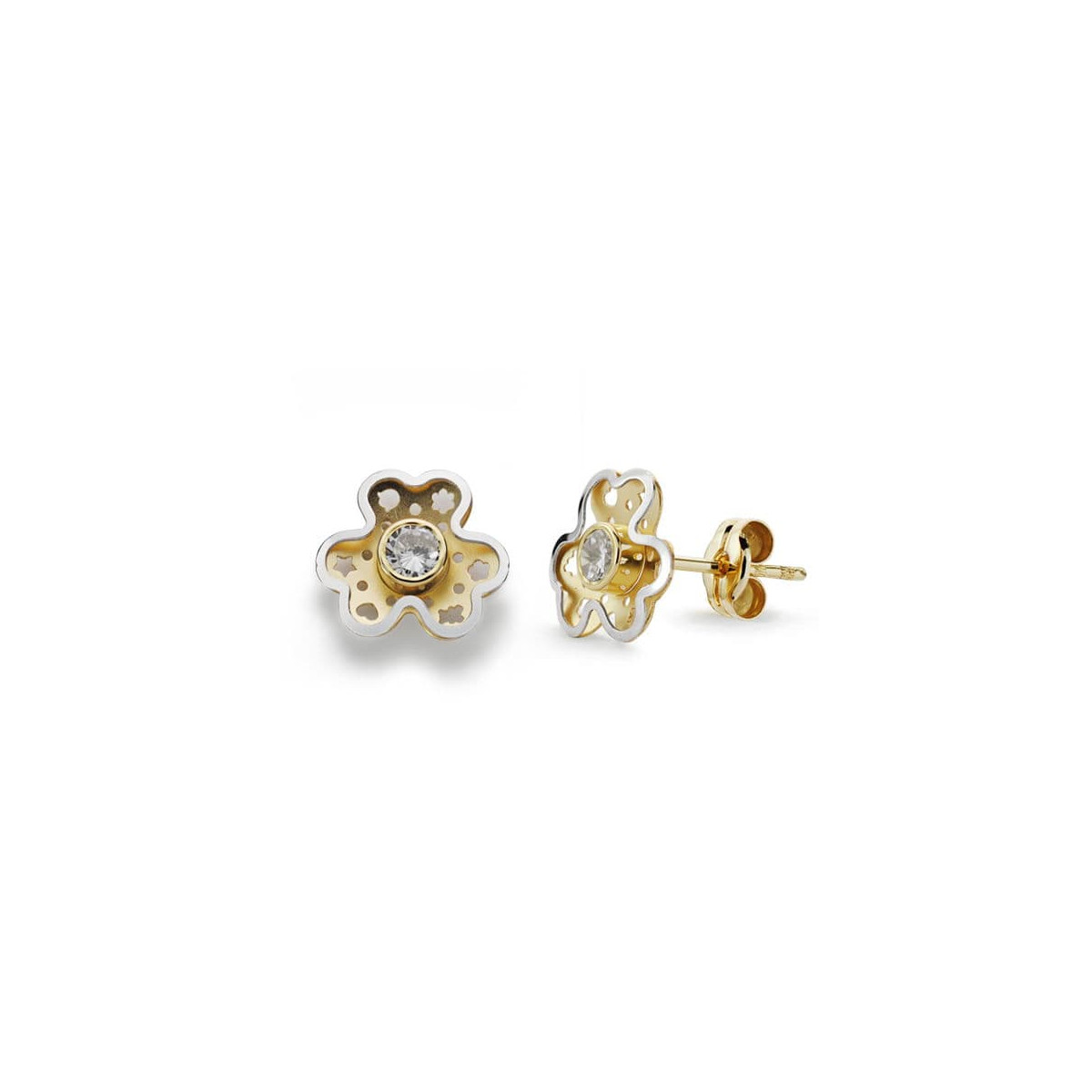 18K PENDIENTES ORO BICOLOR TREBOL CIRCONITA 9X8 MM CIERRE PRESION