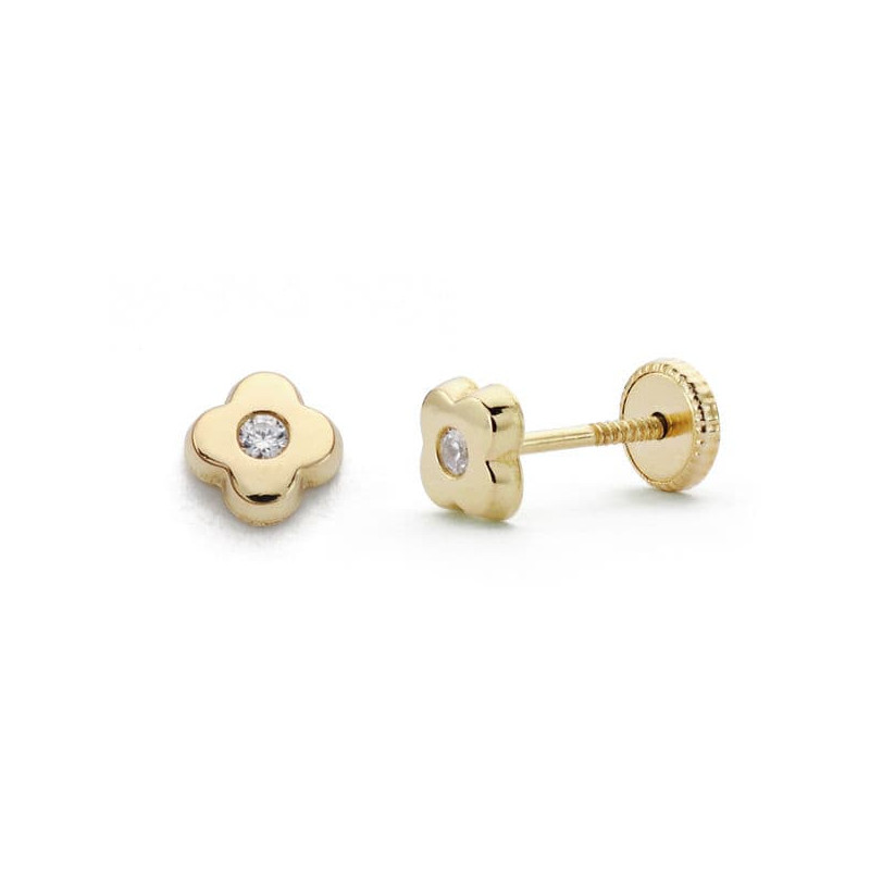 18K PENDIENTES ORO AMARILLO CHATON TUERCA TREBOL CIRCONITA 5 MM