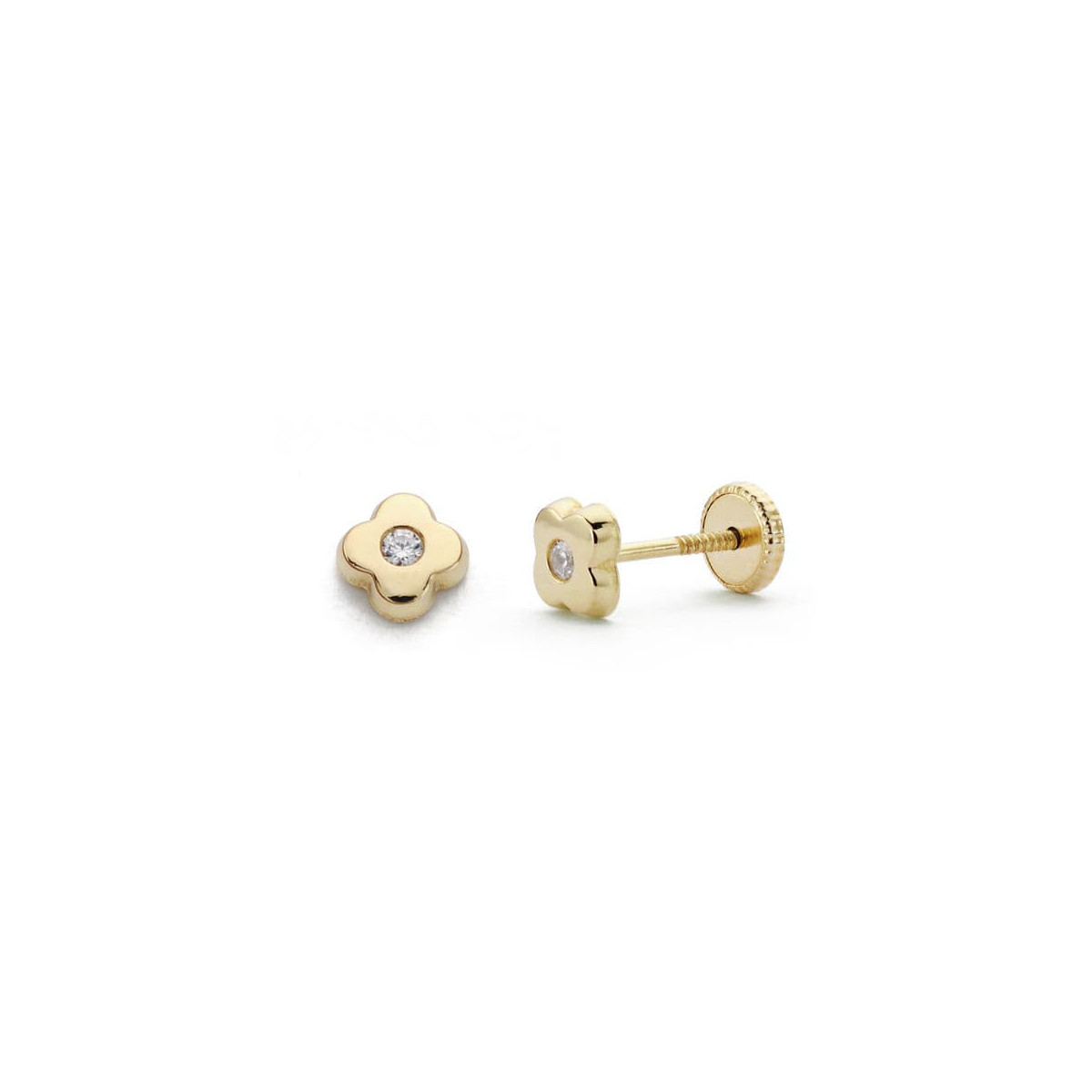 18K PENDIENTES ORO AMARILLO CHATON TUERCA TREBOL CIRCONITA 5 MM