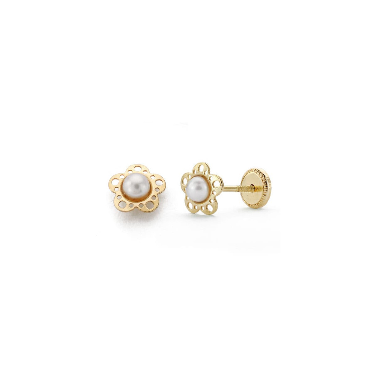 18K PENDIENTES ORO AMARILLO NIÑA FLOR PERLITA TUERCA