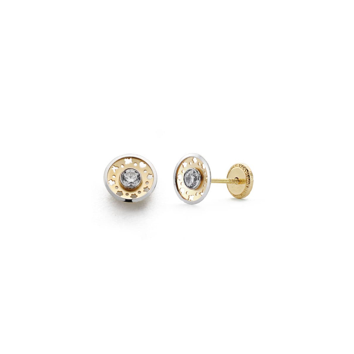 18K PENDIENTES ORO BICOLOR 6.5 MM CIRCONITA CIERRE TUERCA