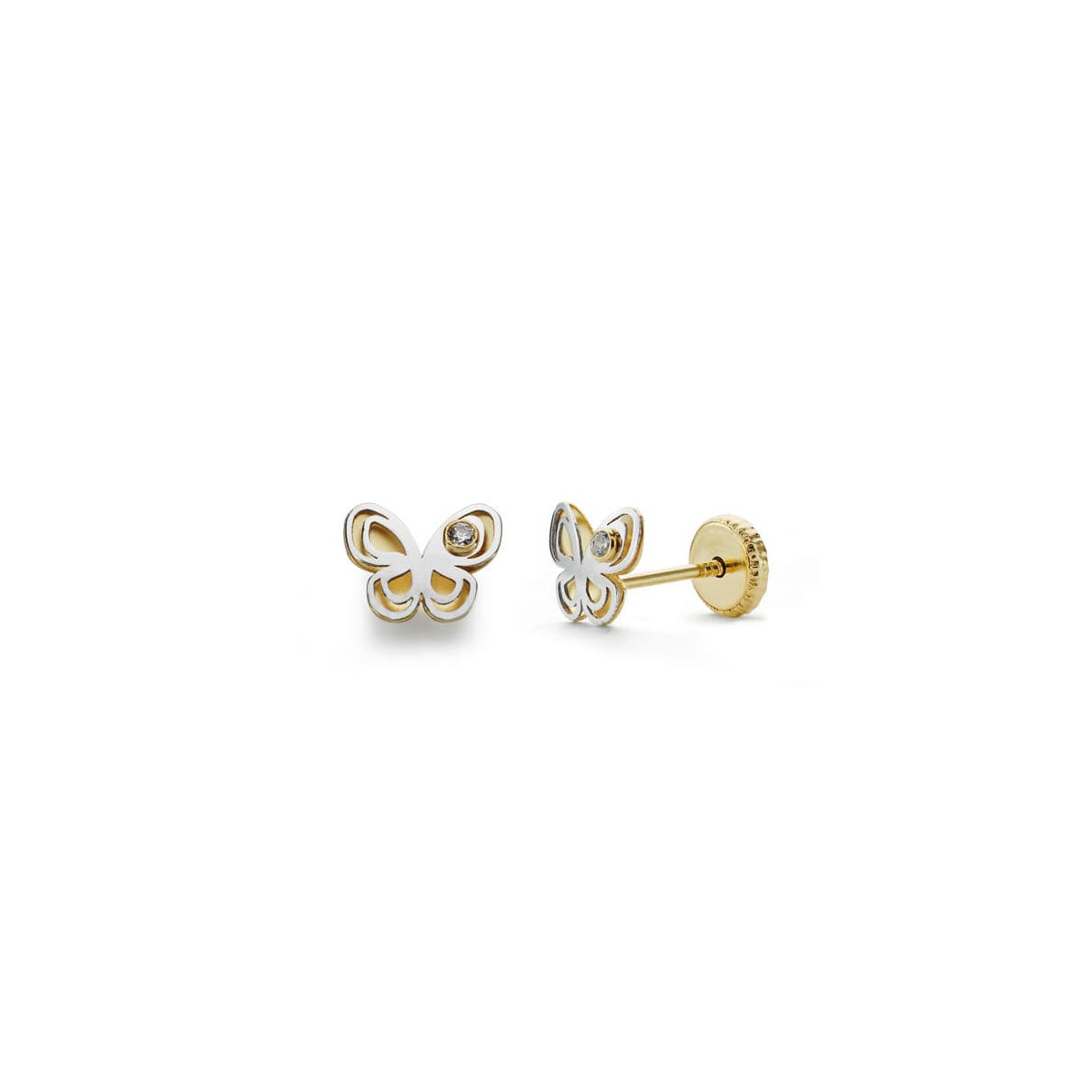 18K PENDIENTES ORO BICOLOR MARIPOSA CIRCONITA 5X6 MM CIERRE TUERCA