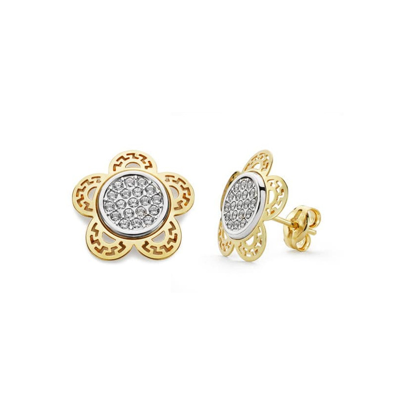 18K PENDIENTES ORO BICOLOR FLOR 12X12 MM CIERRE PRESION