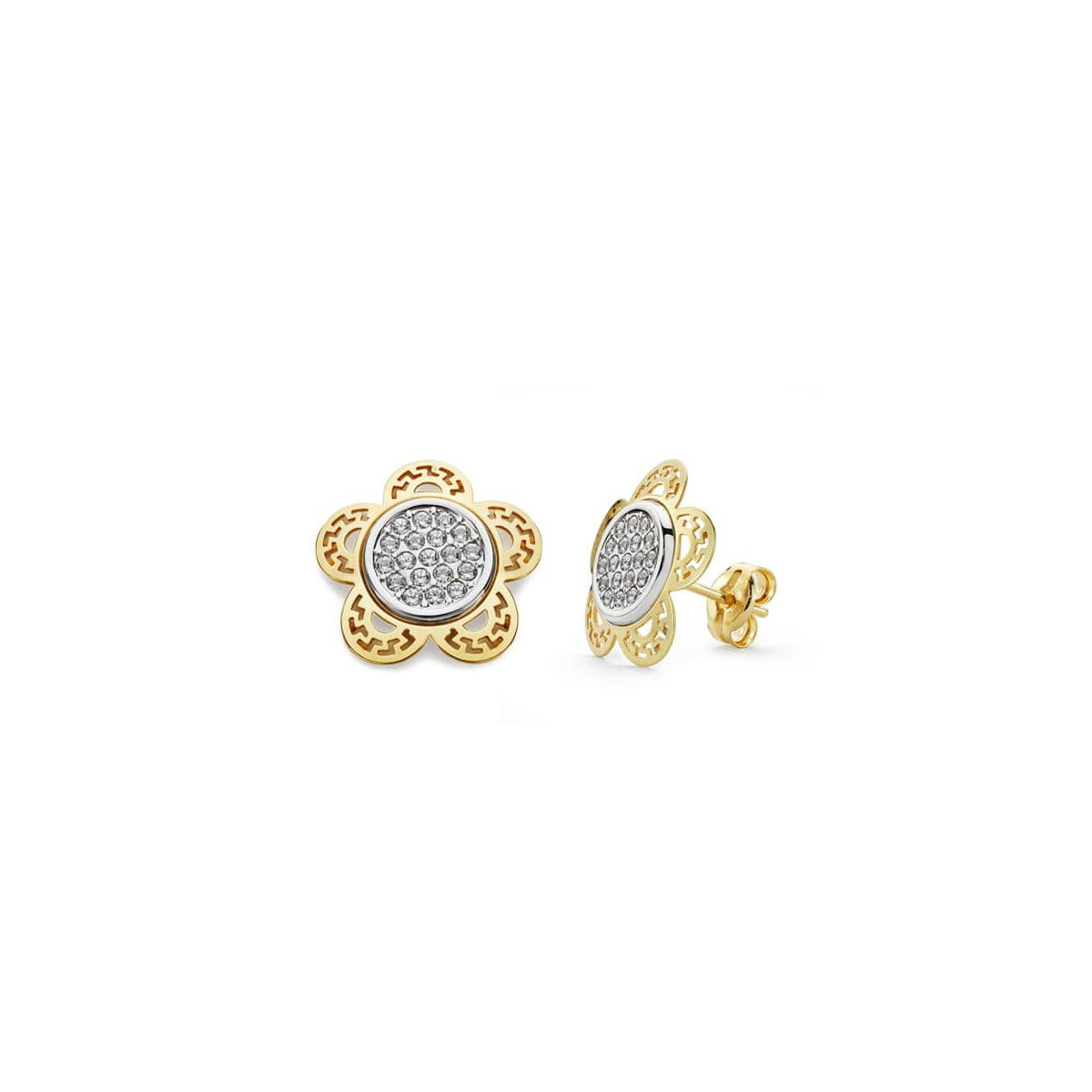 18K PENDIENTES ORO BICOLOR FLOR 12X12 MM CIERRE PRESION