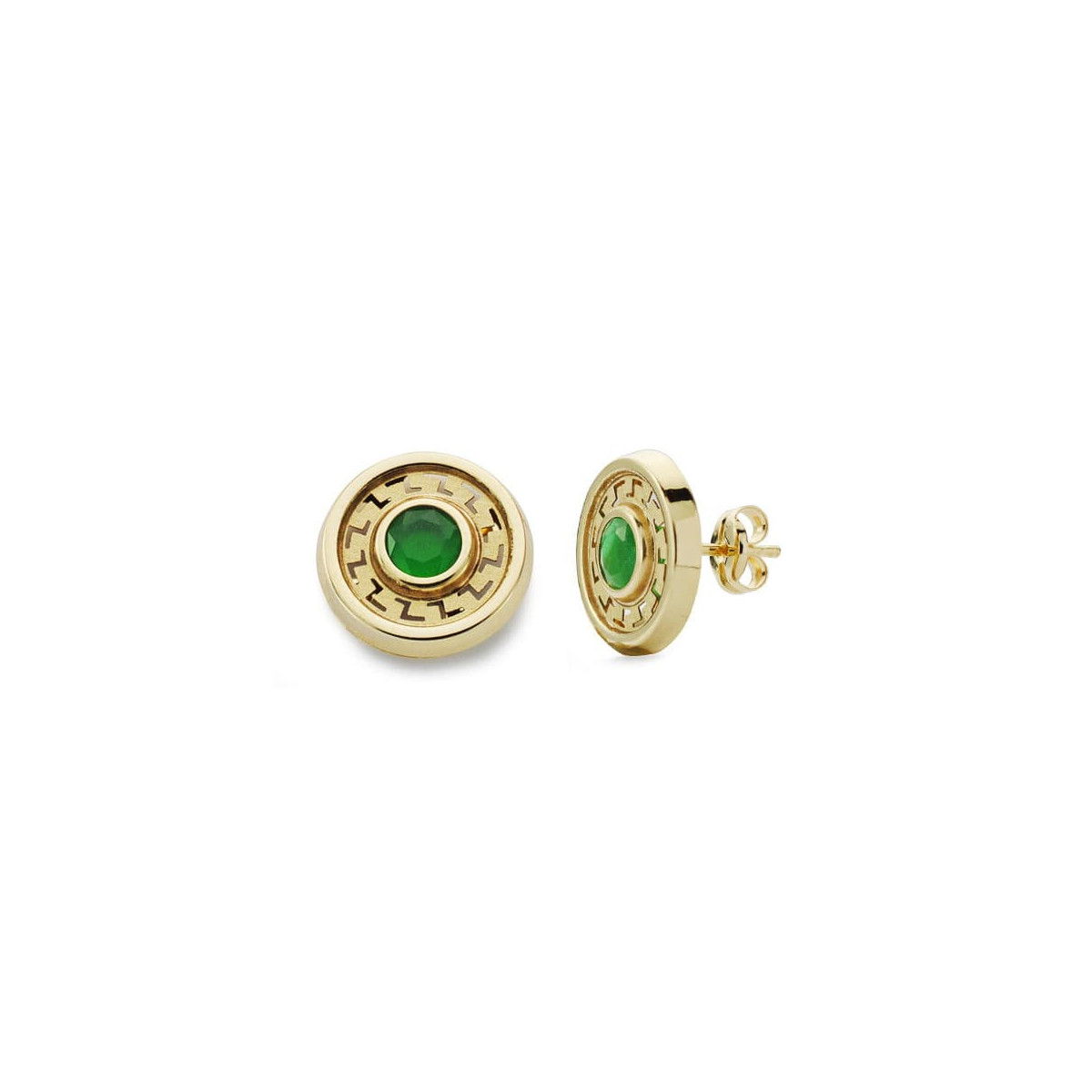 18K PENDIENTES REDONDOS PIEDRA VERDE ORO AMARILLO 11 MM CIERRE PRESION