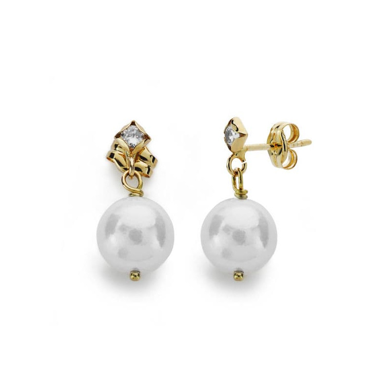 18K PENDIENTES LARGOS ORO AMARILLO PERLA CIRCONITA 17X8 MM CIERRE PRESION