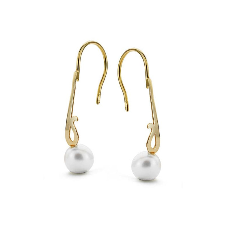 18K PENDIENTES LARGOS PERLA ORO AMARILLO 25X6 MM CIERRE GANCHO