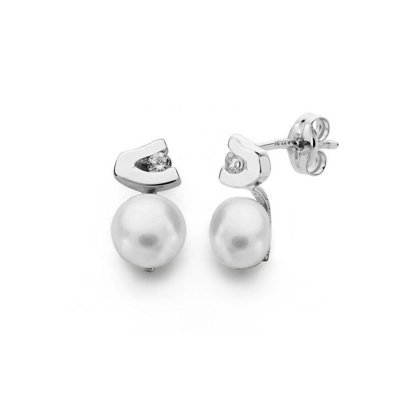 18K PENDIENTES ORO BLANCO PERLA CIRCONITA 11X6 MM CIERRE PRESION