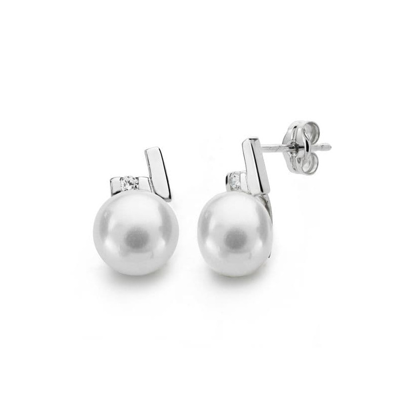 18K PENDIENTES ORO BLANCO PERLA CIRCONITA 12X8 MM CIERRE PRESION