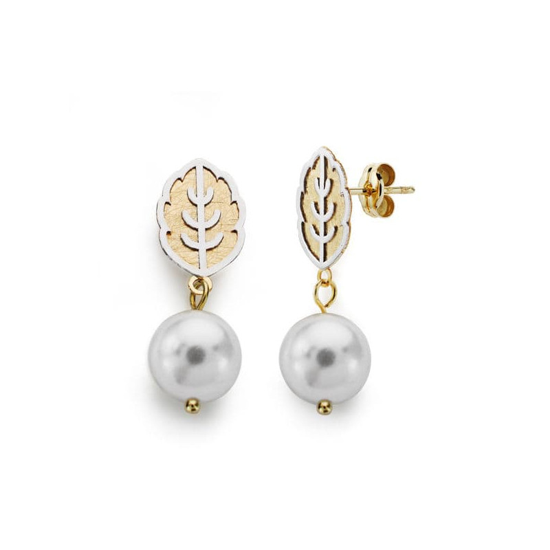 18K PENDIENTES BICOLOR PERLA 25X8 MM CIERRE PRESION