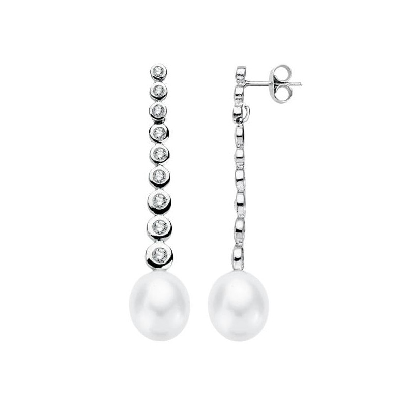 18K PENDIENTES ORO BLANCO PERLA 40X8 MM CIERRE PRESION