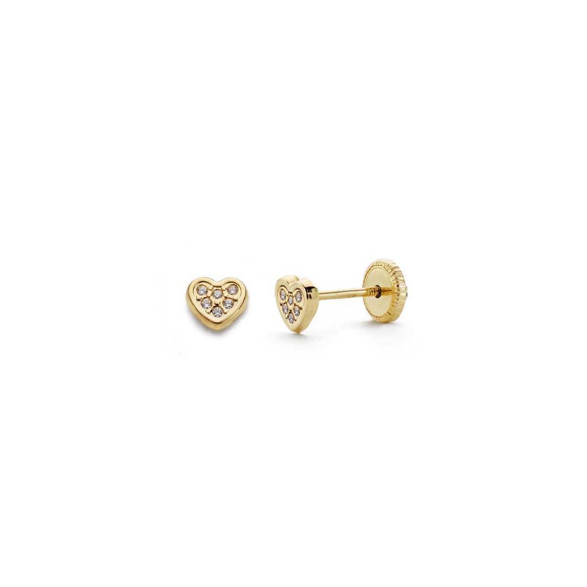 18K PENDIENTES ORO AMARILLO CORAZON CIRCONITA 5X4 MM CIERRE TUERCA