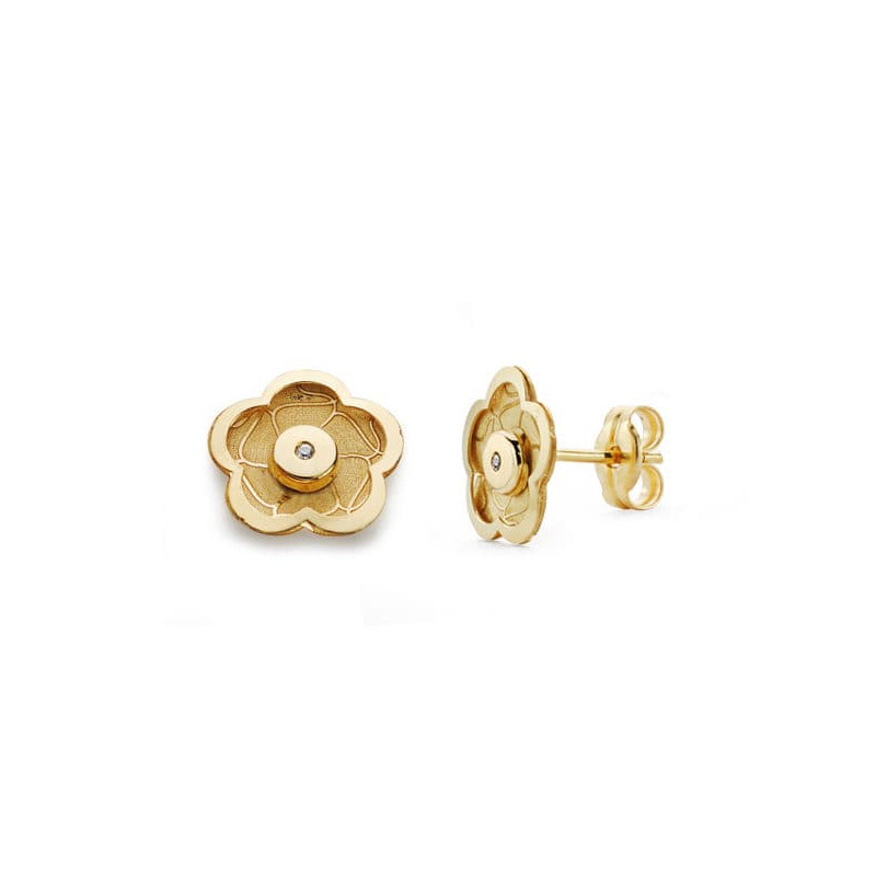 18K PENDIENTES ORO AMARILLO FLOR CIRCONITA 8X8 MM CIERRE PRESION