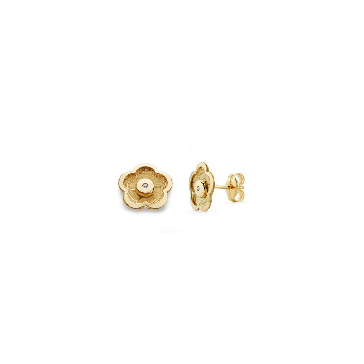 18K PENDIENTES ORO AMARILLO FLOR CIRCONITA 8X8 MM CIERRE PRESION