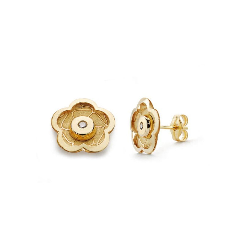18K PENDIENTES ORO AMARILLO FLOR CIRCONITA 10X10 MM CIERRE PRESION