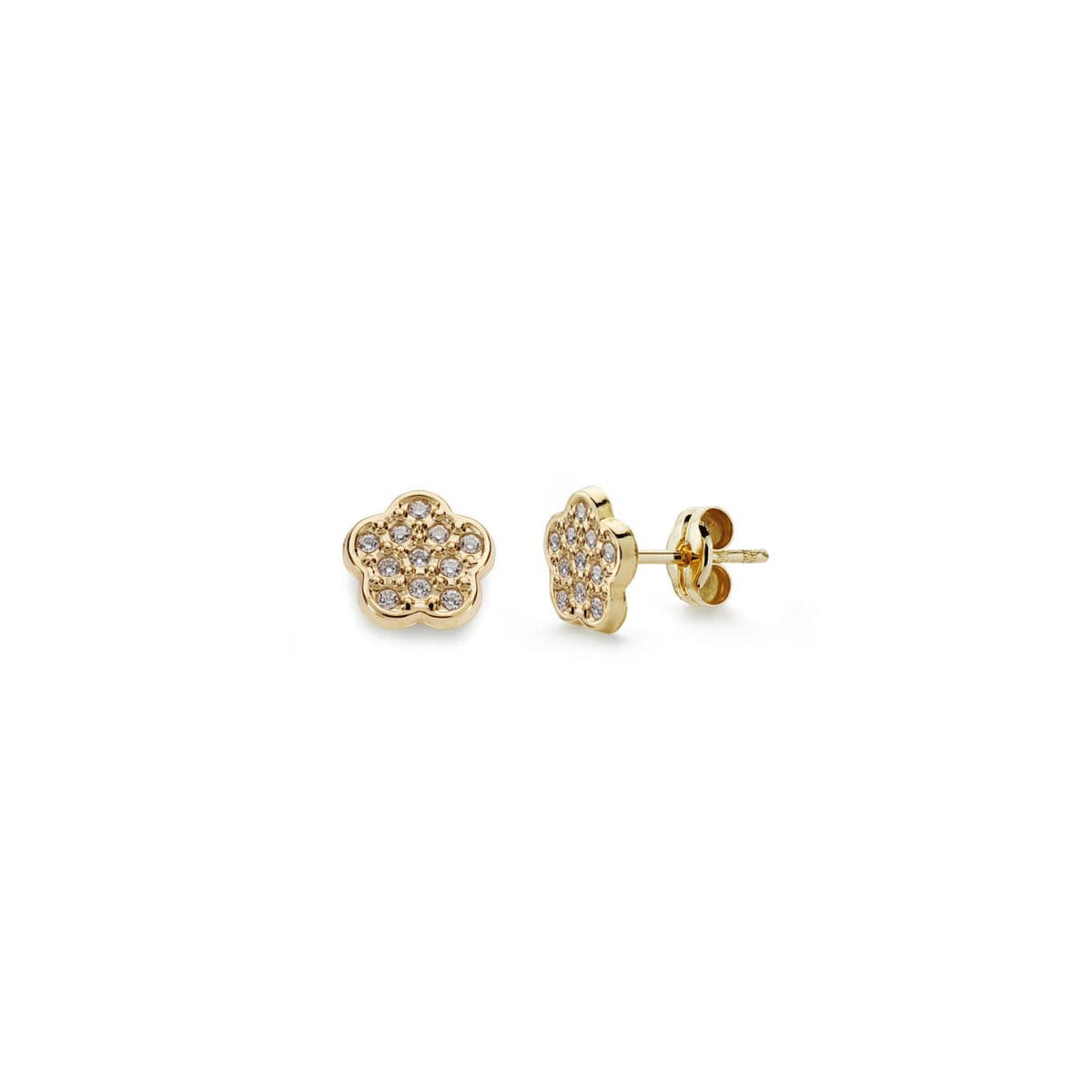 18K PENDIENTES ORO AMARILLO FLOR CIRCONITA 7X7 MM CIERRE PRESION