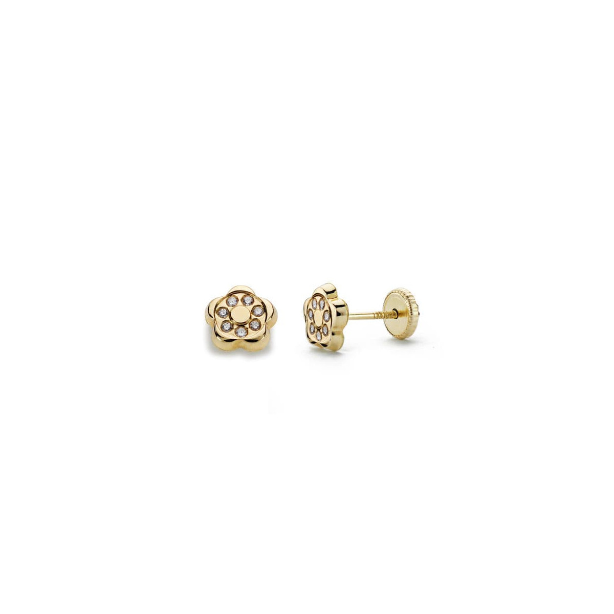 18K PENDIENTES ORO AMARILLO FLOR CIRCONITA 6X6 MM CIERRE TUERCA
