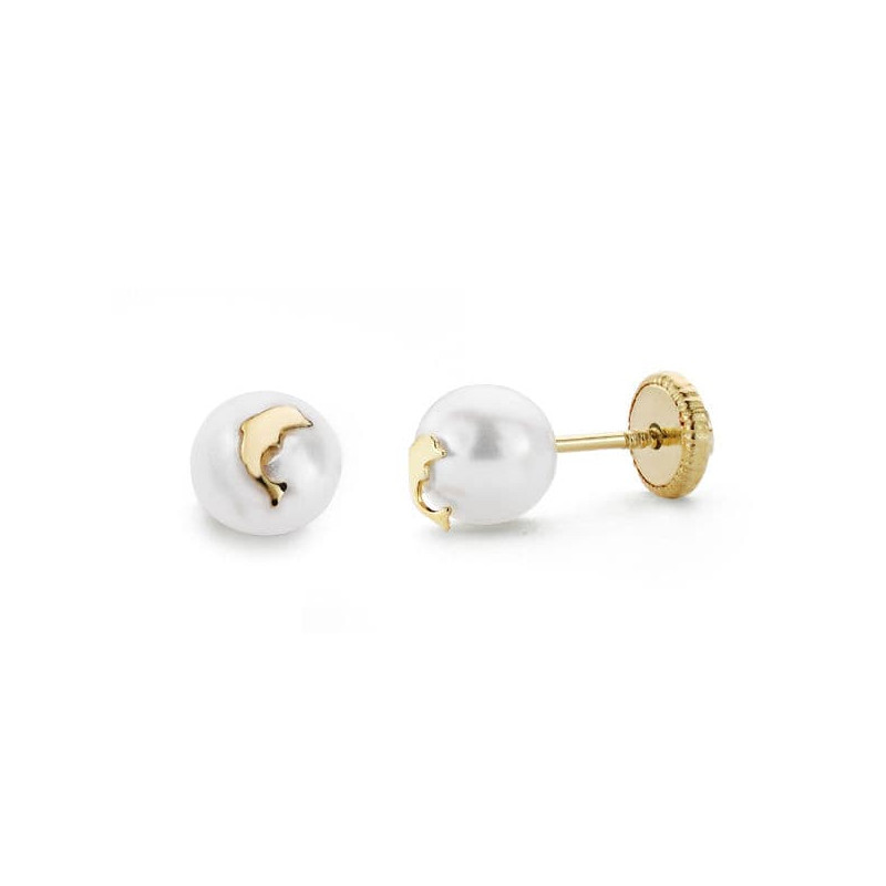 18K PENDIENTES ORO AMARILLO PERLA Y DELFIN 6 MM TUERCA