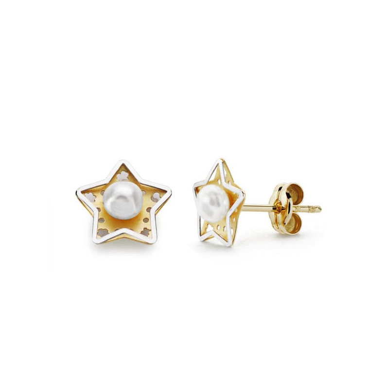 18K PENDIENTES ORO AMARILLO ESTRELLA Y PERLA 8X8 MM CIERRE PRESION