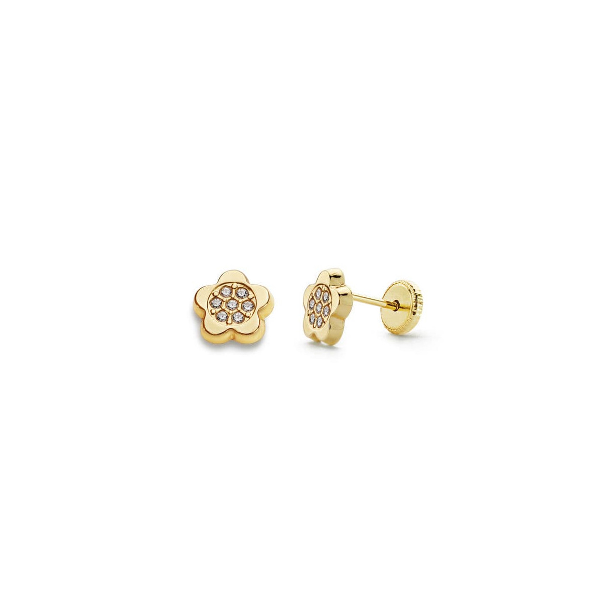 18K PENDIENTES ORO AMARILLO FLOR CIRCONITA 6X6 MM CIERRE TUERCA