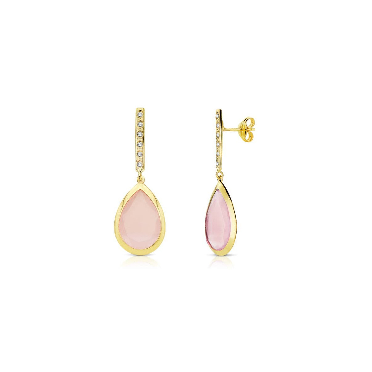 18K PENDIENTES PIEDRA ROSA 33X12 MM CIERRE PRESION