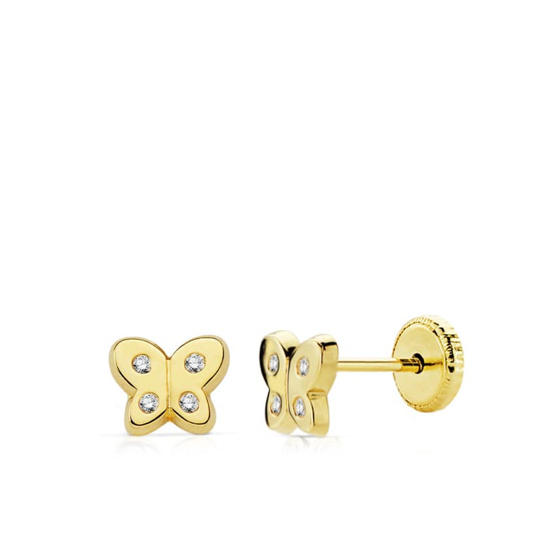 18K PENDIENTES ORO AMARILLO MARIPOSA CIRCONITA 6X5 MM CIERRE TUERCA