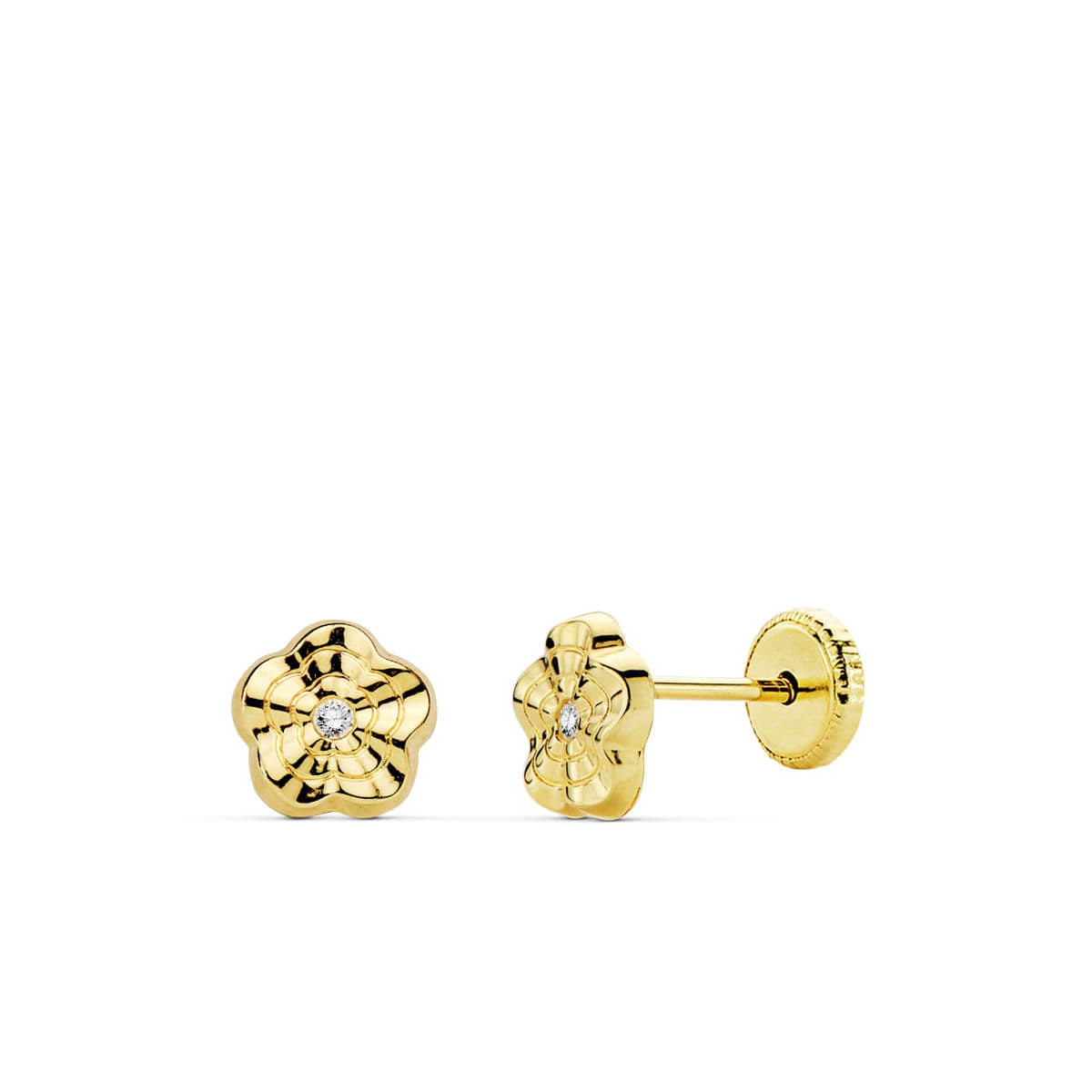 18K PENDIENTES ORO AMARILLO FLOR ONDAS 6X6 MM CIERRE TUERCA
