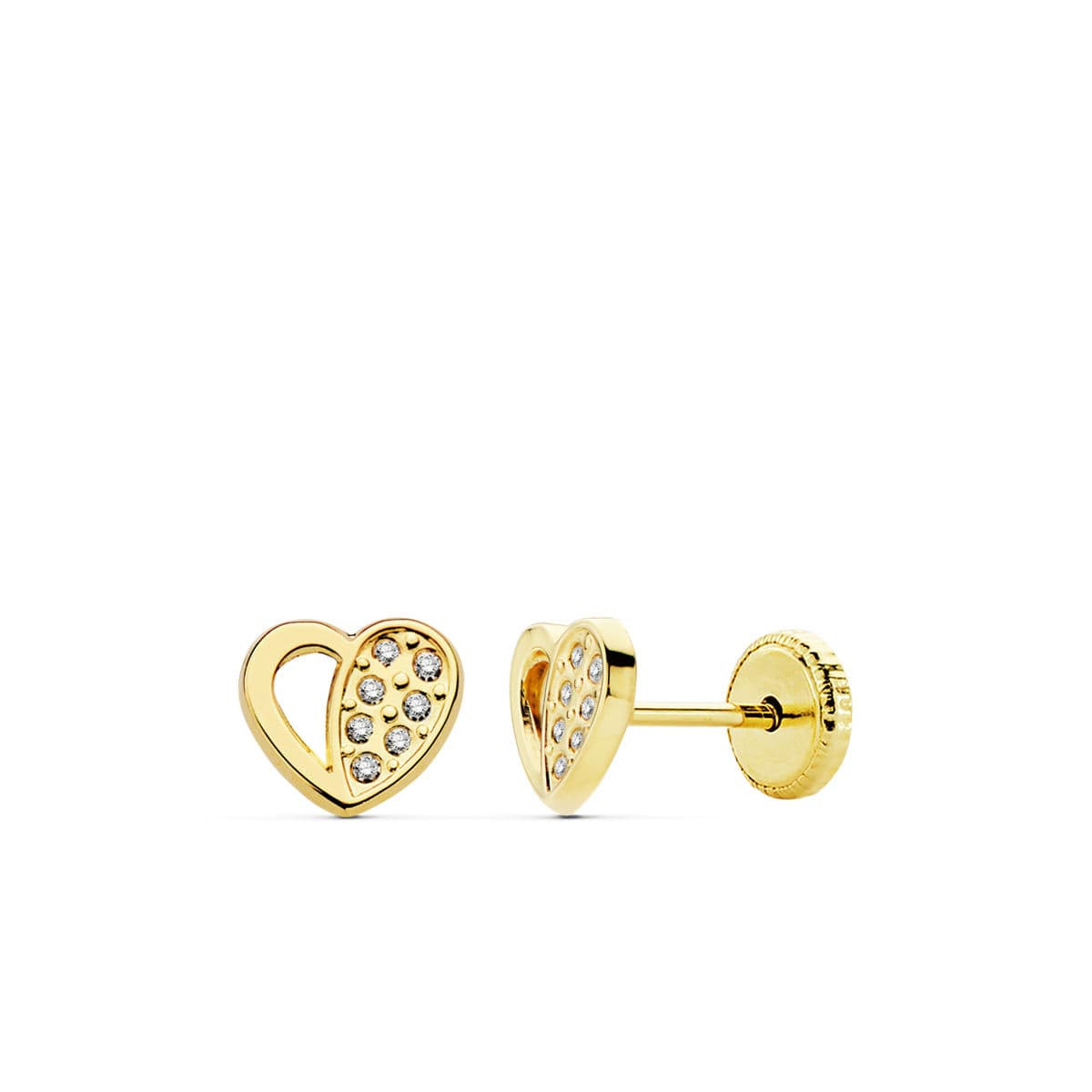 18K PENDIENTES ORO AMARILLO CORAZON CIRCONITA 7X6 MM CIERRE TUERCA