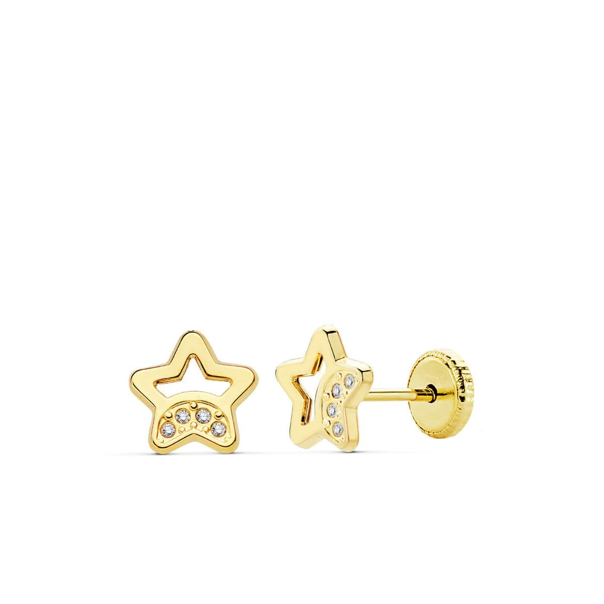 18K PENDIENTES ORO AMARILLO ESTRELLA CIRCONITA 7 MM CIERRE TUERCA