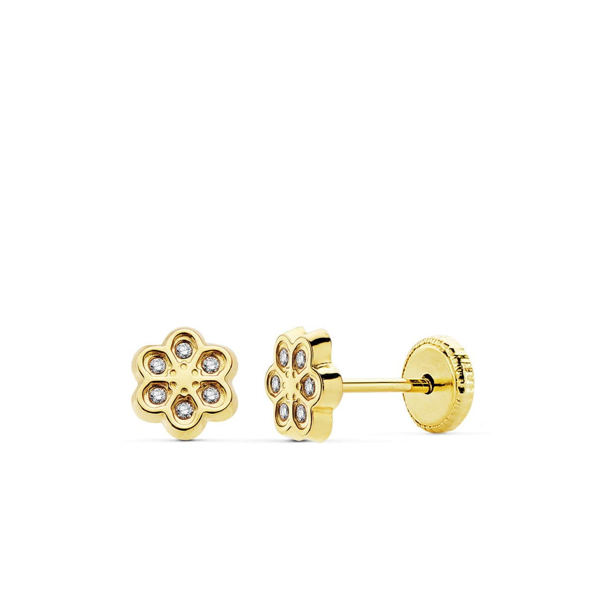 18K PENDIENTES ORO AMARILLO FLOR CIRCONITA 6.5 MM CIERRE TUERCA