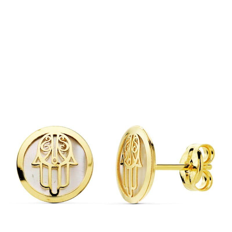 18K PENDIENTES MANO DE FATIMA ORO AMARILLO 8 MM CIERRE PRESION