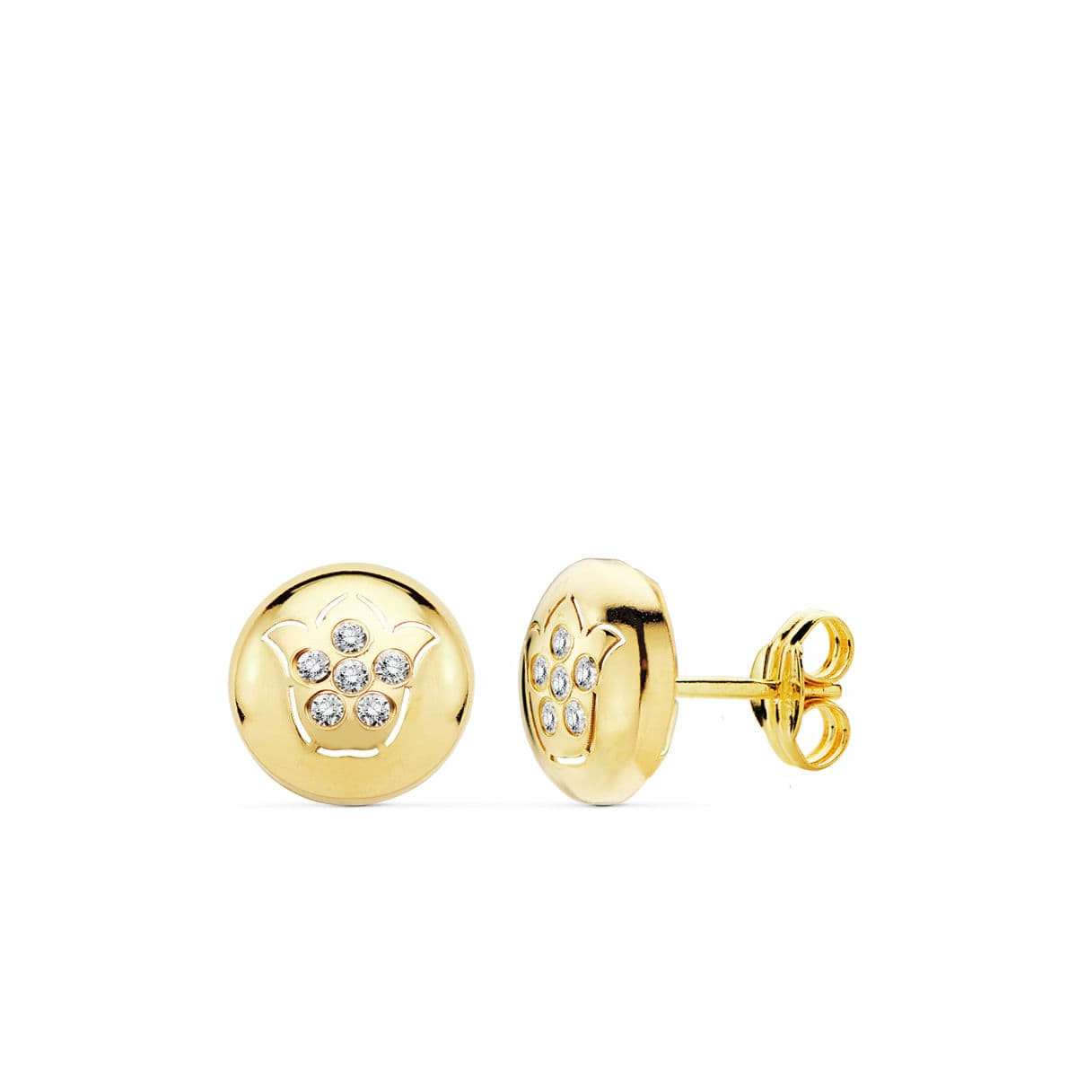 18K PENDIENTES ORO AMARILLO FLOR CALADA CIRCONITA 8.5 MM CIERRE PRESION